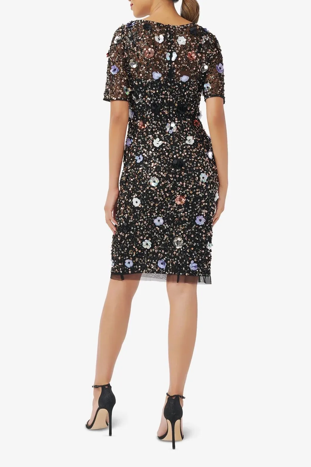 Adrianna Papell Boat Neck Short Sleeves Back Zipper Short Beaded Dress