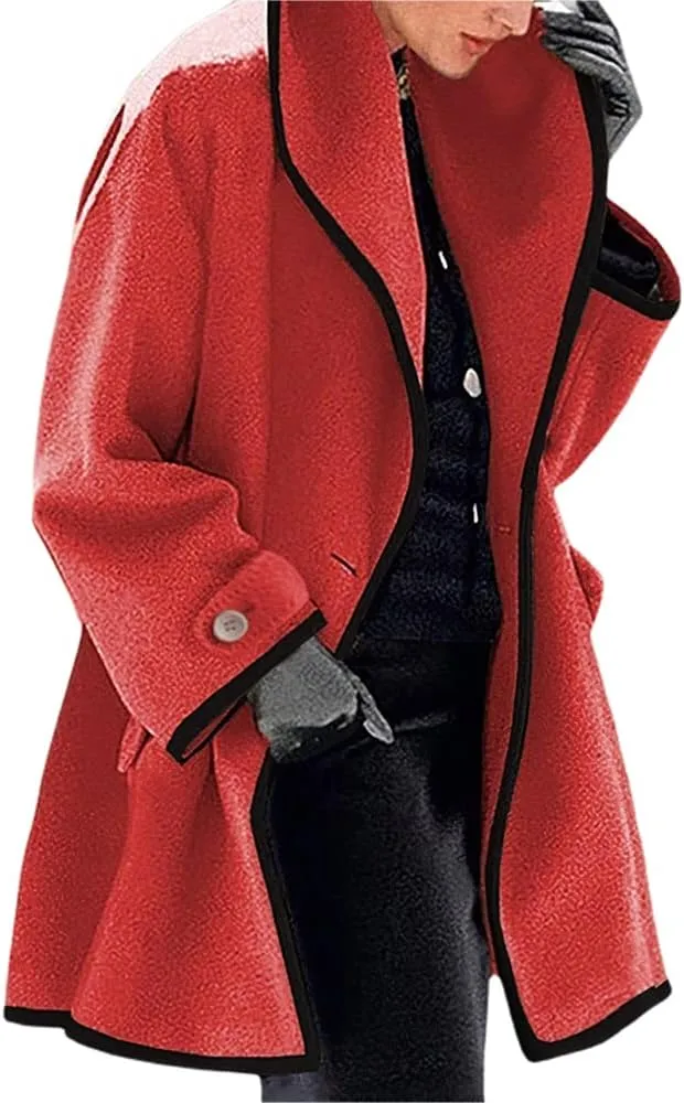 Akivide Women's Casual Warm Lapel Hooded Woolen Coat Breasted Warm Mid-Long Jacket Oversized Winter Trench Coats
