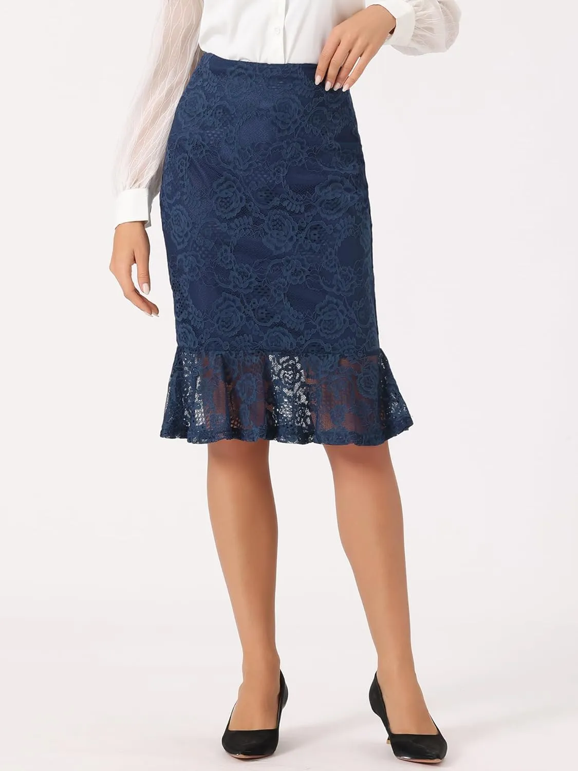 Allegra K Women's Lace Skirts Elegant Casual Work Office Skirt Knee Length Bodycon Fishtail Lace Pencil Skirt