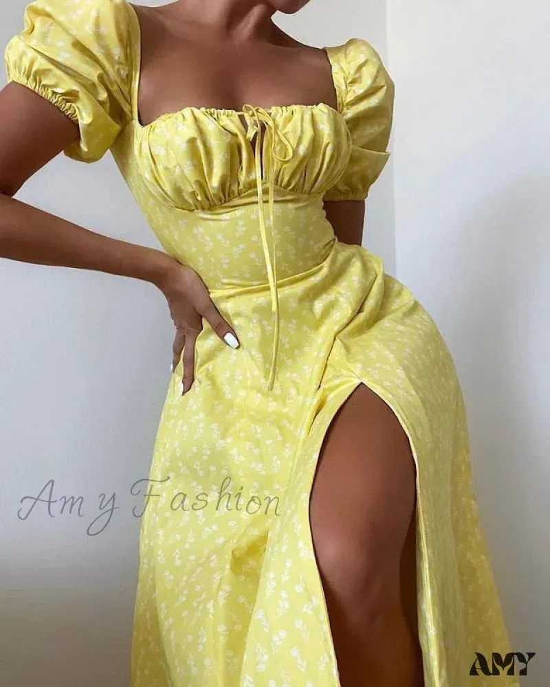 Amy Fashion - Square Collar Casual Beach Ruffles Boho Dress