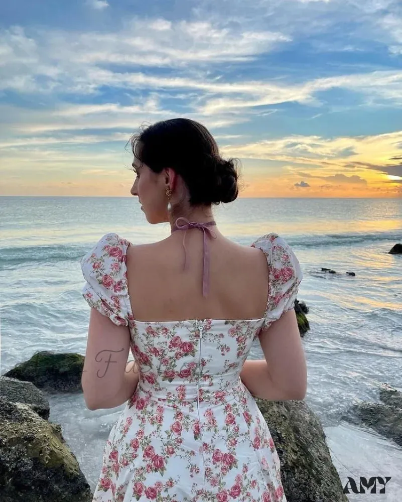 Amy Fashion - Square Collar Casual Beach Ruffles Boho Dress