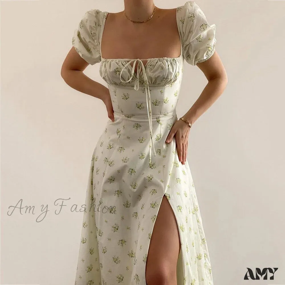 Amy Fashion - Square Collar Casual Beach Ruffles Boho Dress