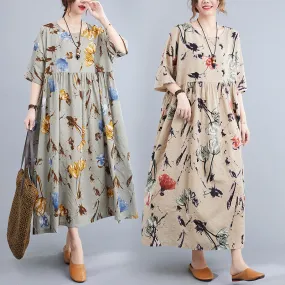 Artsy Loose-fit Cotton and Linen Printed Dress