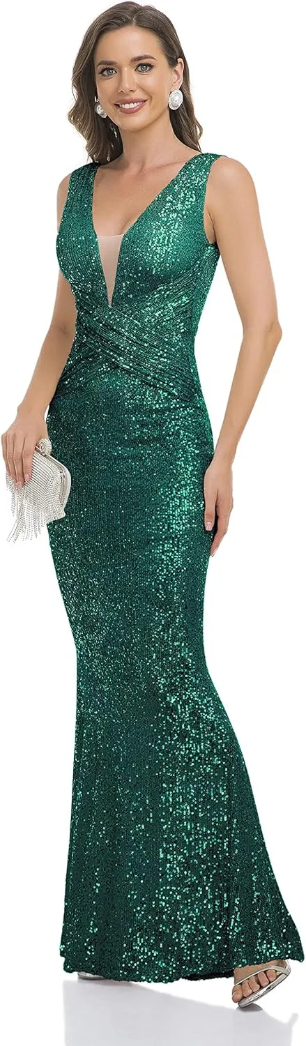 Babalet Women's Elegant Sequined Formal Dress Bodycon Evening Gown Sleeveless Ruched Prom Dress
