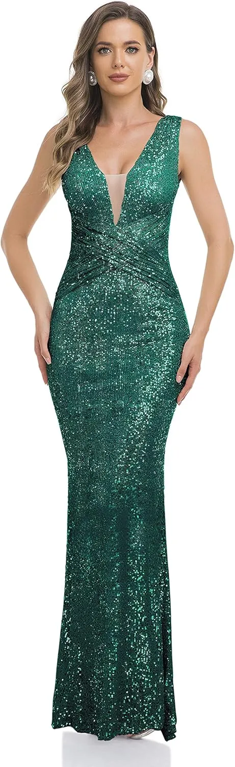 Babalet Women's Elegant Sequined Formal Dress Bodycon Evening Gown Sleeveless Ruched Prom Dress