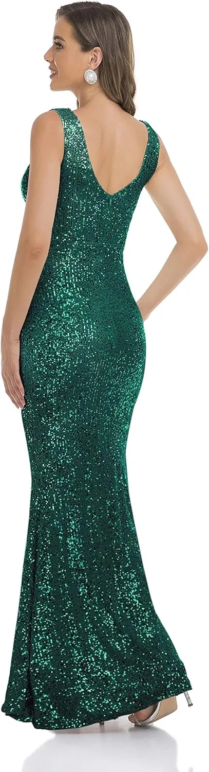 Babalet Women's Elegant Sequined Formal Dress Bodycon Evening Gown Sleeveless Ruched Prom Dress