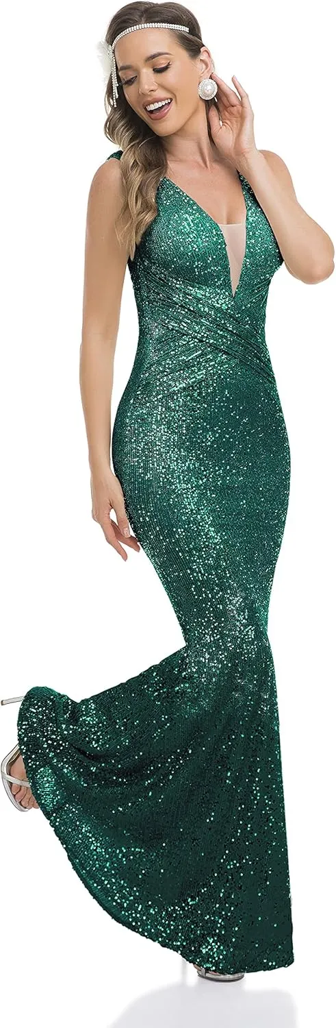 Babalet Women's Elegant Sequined Formal Dress Bodycon Evening Gown Sleeveless Ruched Prom Dress