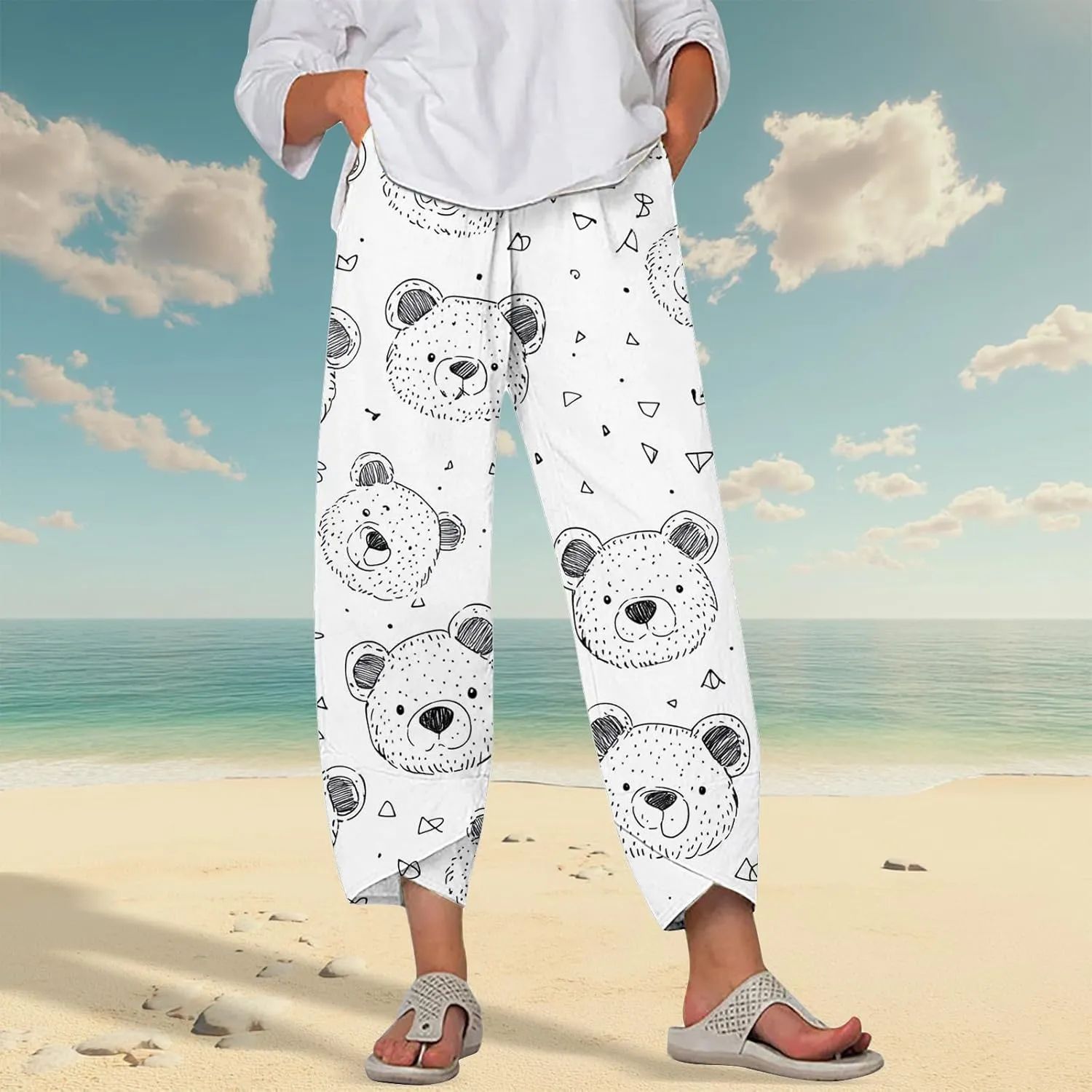 Beach Pants for Women Oversized Casual Wide Leg 2025 Summer Soft Elastic Waist Vacation Breathable Capri Pants