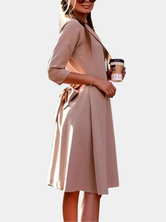 Beige V-Neck 3/4 Length Sleeve Plain Lace-Up Casual Dresses