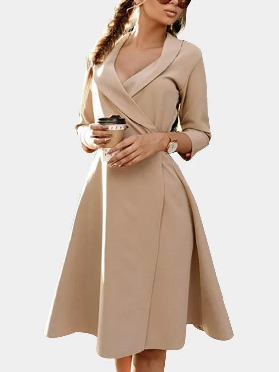 Beige V-Neck 3/4 Length Sleeve Plain Lace-Up Casual Dresses