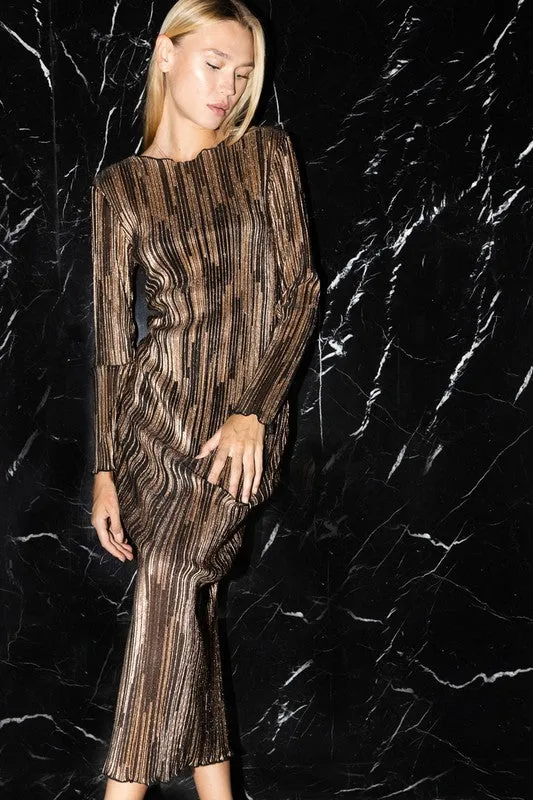 Black Gold Crinkle Glitter Striped Boat Neck Midi Dress