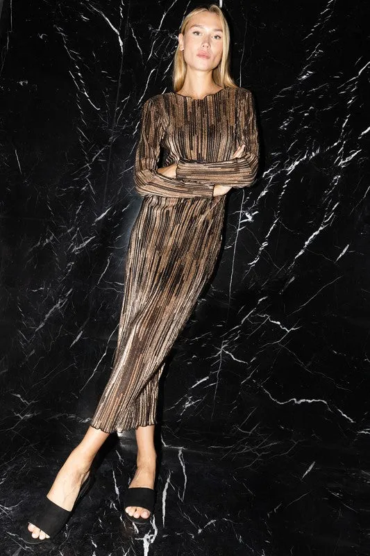 Black Gold Crinkle Glitter Striped Boat Neck Midi Dress