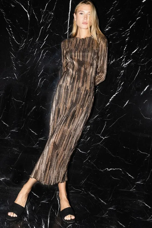 Black Gold Crinkle Glitter Striped Boat Neck Midi Dress