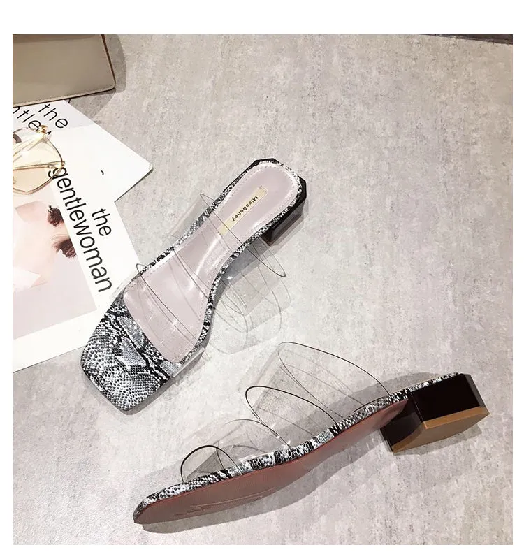 BOOPDO DESIGN CLEAR STRAP BLOCK HEELED SANDALS IN SNAKE
