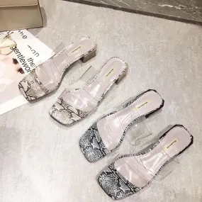 BOOPDO DESIGN CLEAR STRAP BLOCK HEELED SANDALS IN SNAKE