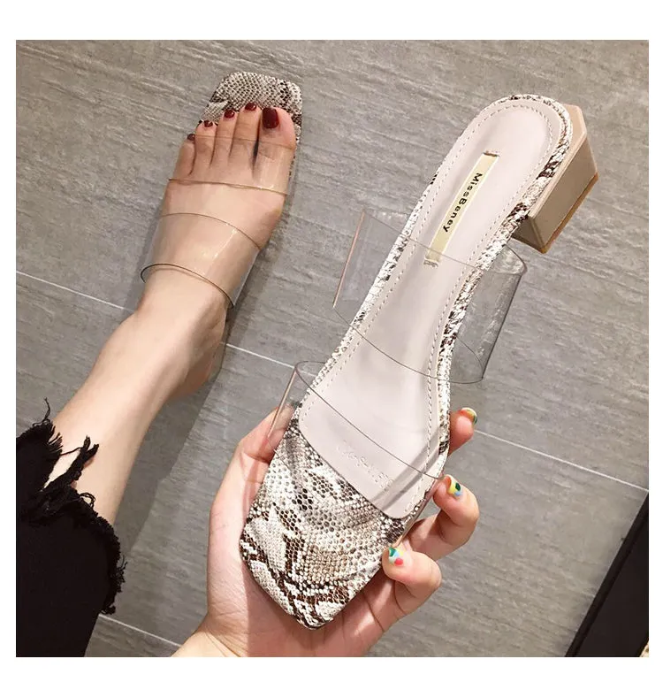 BOOPDO DESIGN CLEAR STRAP BLOCK HEELED SANDALS IN SNAKE