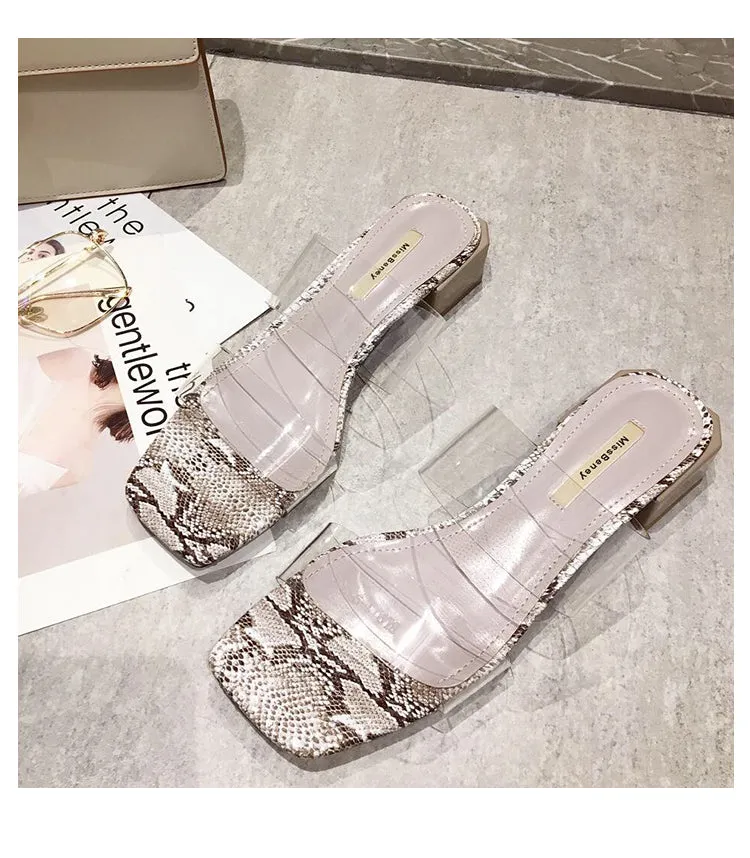 BOOPDO DESIGN CLEAR STRAP BLOCK HEELED SANDALS IN SNAKE