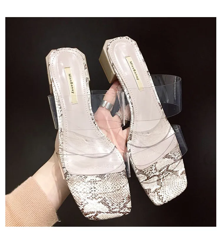 BOOPDO DESIGN CLEAR STRAP BLOCK HEELED SANDALS IN SNAKE