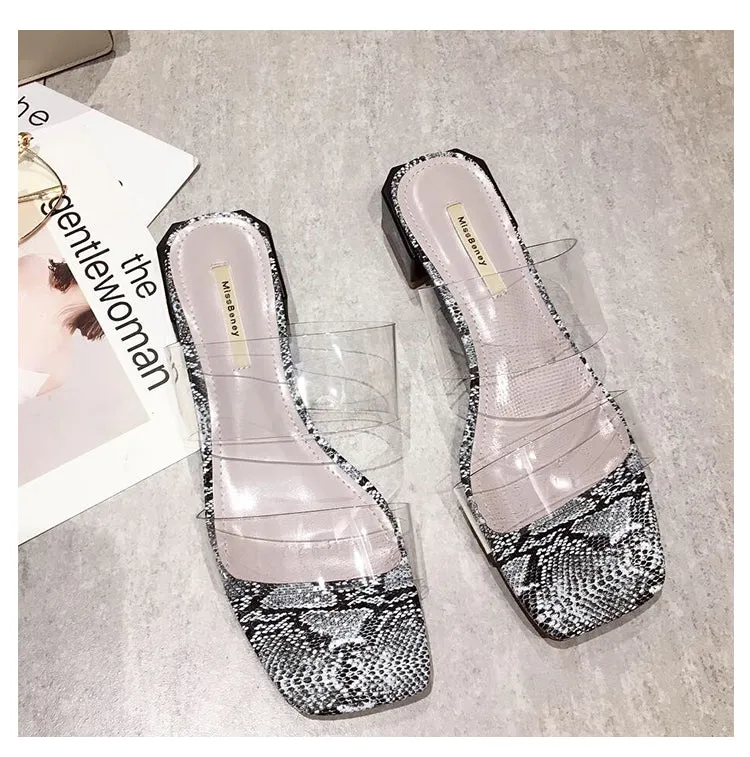 BOOPDO DESIGN CLEAR STRAP BLOCK HEELED SANDALS IN SNAKE