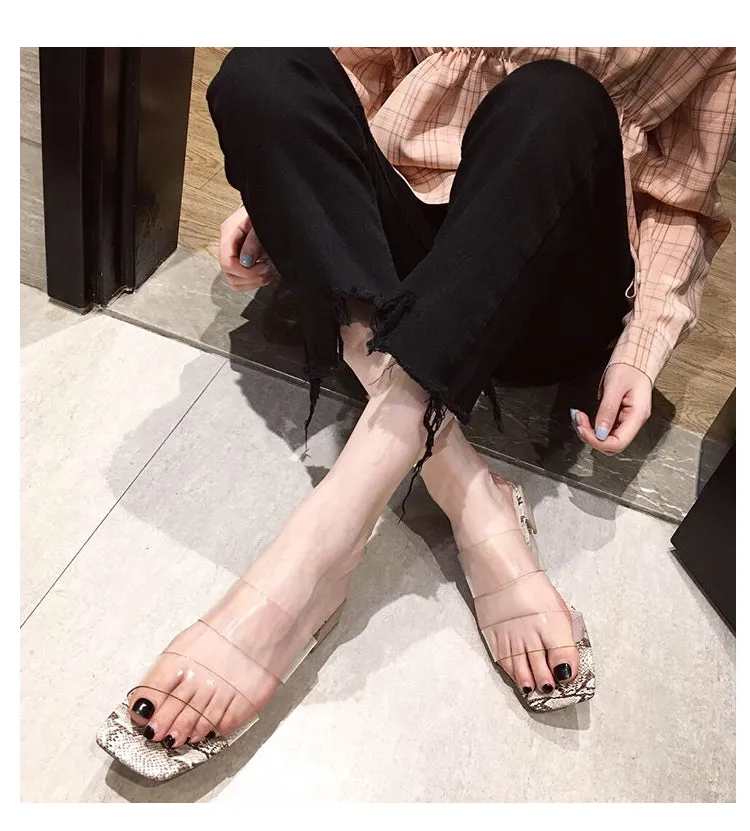 BOOPDO DESIGN CLEAR STRAP BLOCK HEELED SANDALS IN SNAKE
