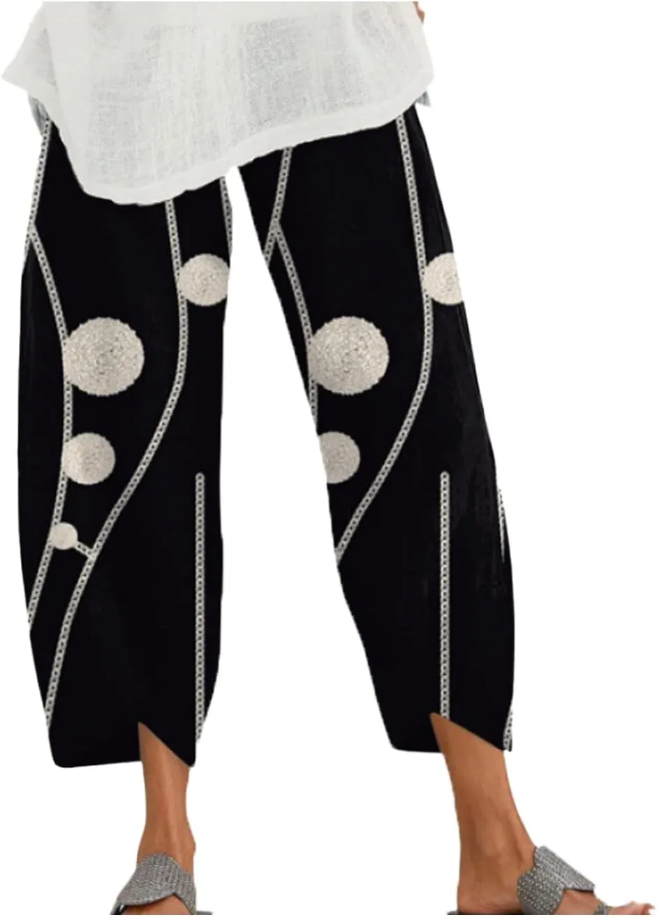 Capris Pants for Womens Cotton Linen Wide Leg Plus Size Cropped Pants Print Comfy Elastic Waist Sweatpants