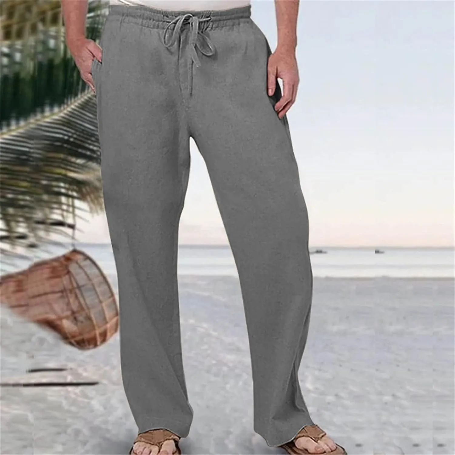 Casual Linen Pants for Men Breathable Loose and Light Sports Yoga Pants Summer Long Trousers with Pockets