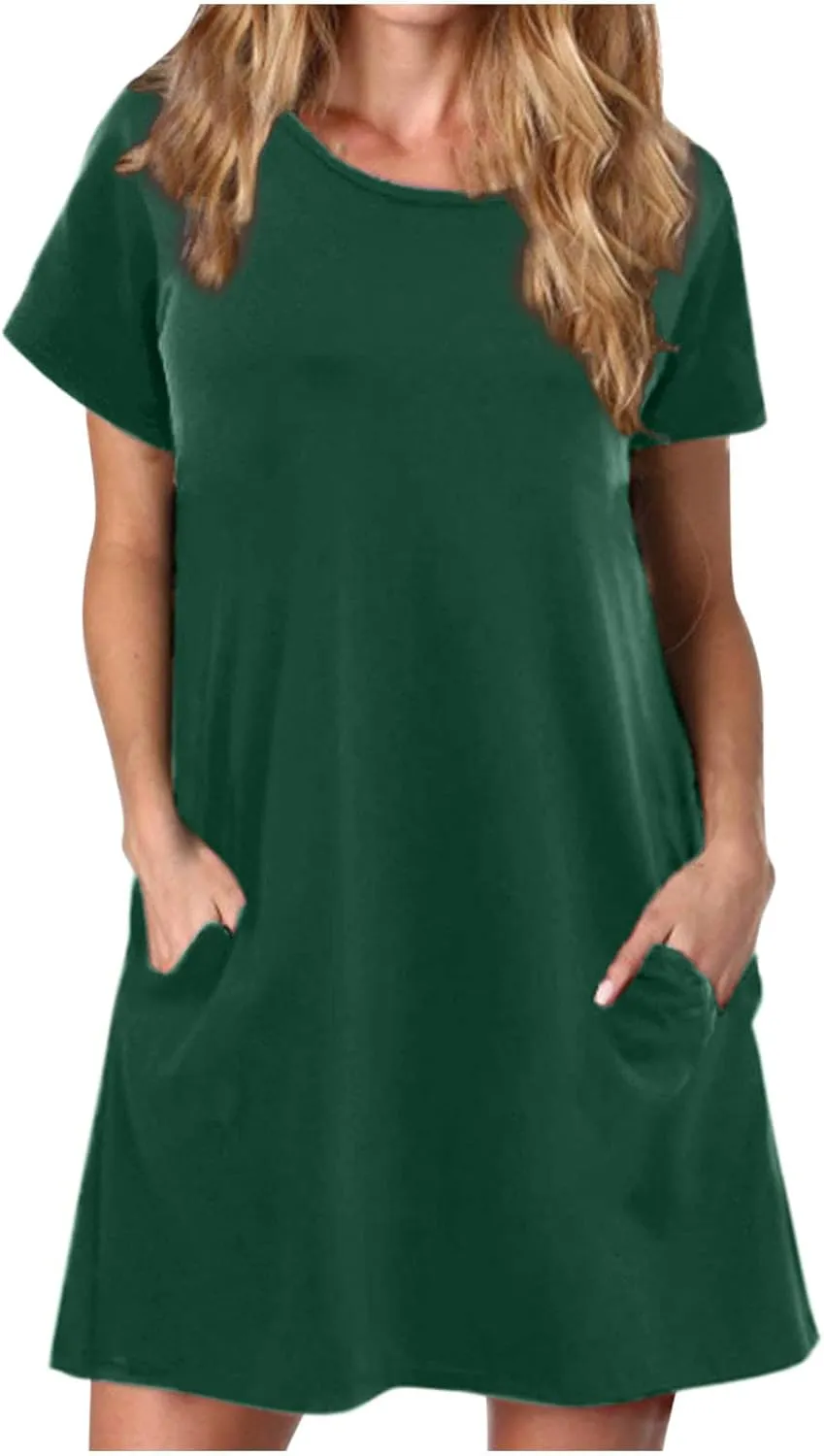 Casual T Shirt Dress for Women Flowy Tunic Dress with Pockets Short Sleeve Knee Length Summer Dresses Casual Loose Fit