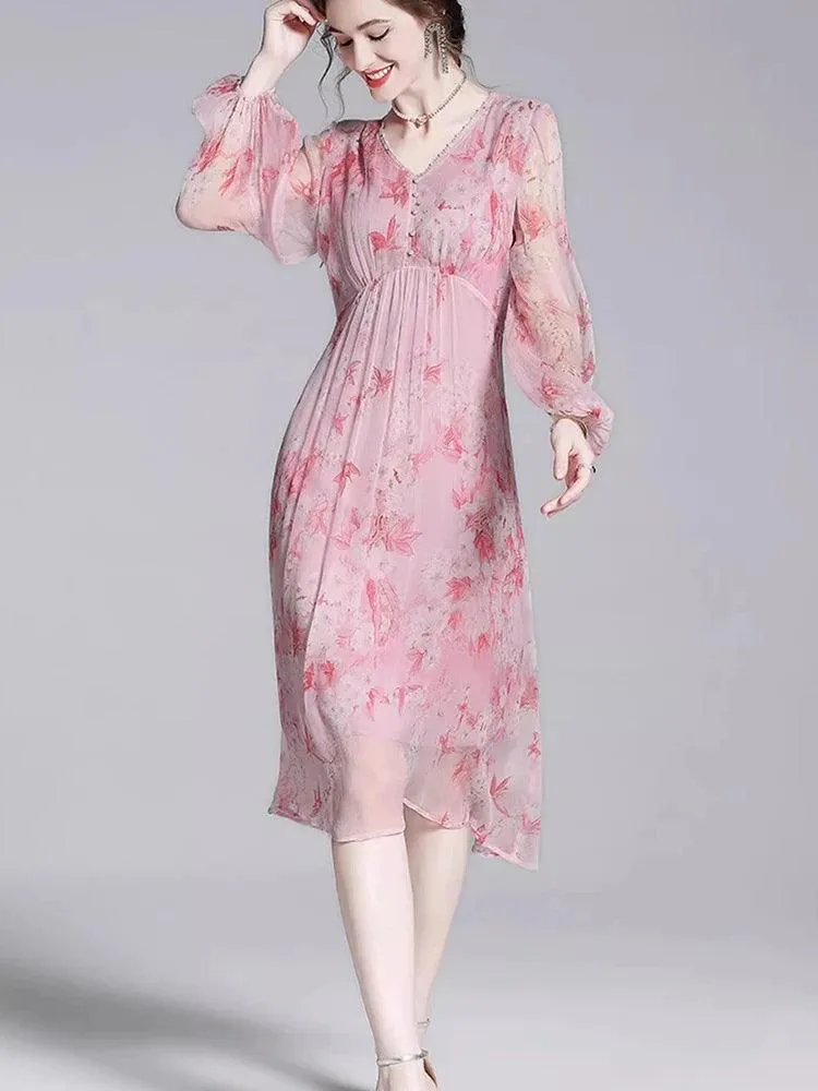 Chic V-Neck Puff Sleeve Mulberry Silk Dress with French Floral Print