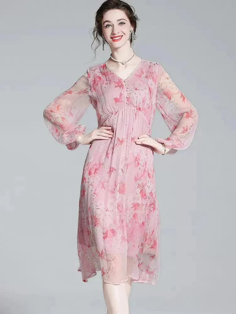 Chic V-Neck Puff Sleeve Mulberry Silk Dress with French Floral Print
