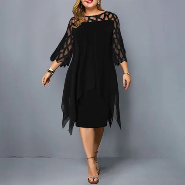 Elegant Chiffon Hollow Out Lace 3/4 Sleeve Plus Size Dress