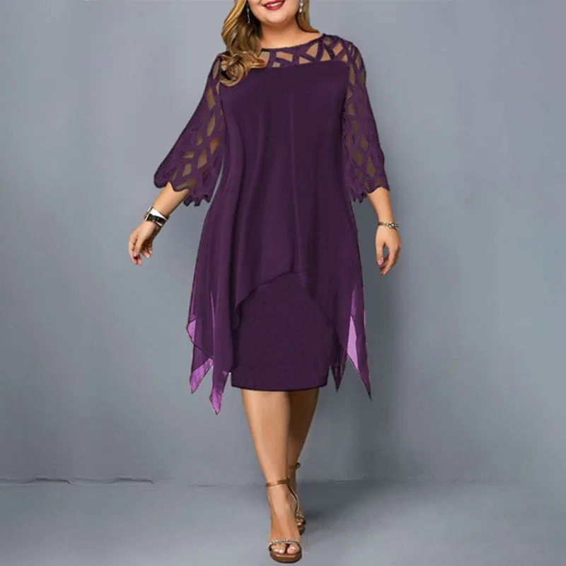 Elegant Chiffon Hollow Out Lace 3/4 Sleeve Plus Size Dress