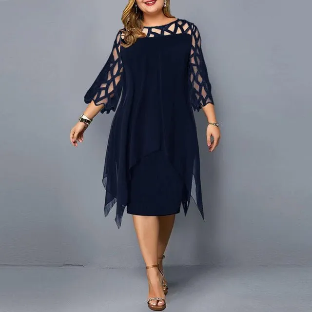 Elegant Chiffon Hollow Out Lace 3/4 Sleeve Plus Size Dress