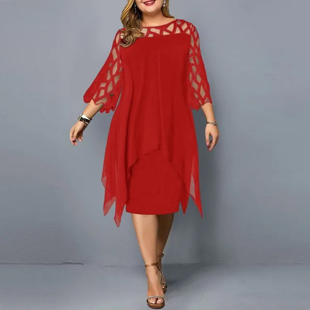 Elegant Chiffon Hollow Out Lace 3/4 Sleeve Plus Size Dress