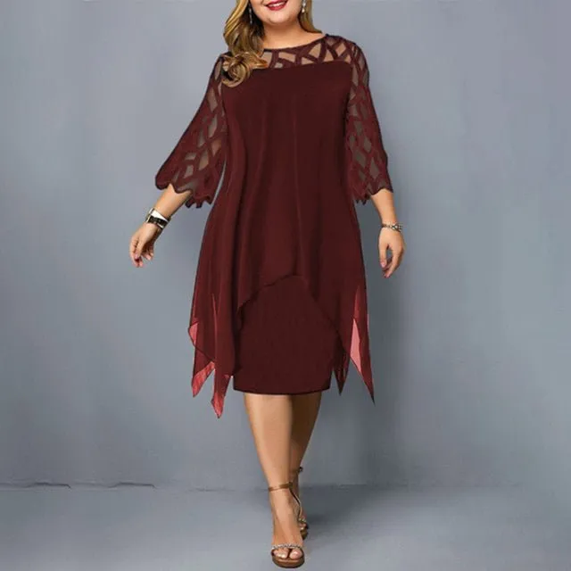 Elegant Chiffon Hollow Out Lace 3/4 Sleeve Plus Size Dress
