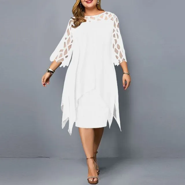 Elegant Chiffon Hollow Out Lace 3/4 Sleeve Plus Size Dress