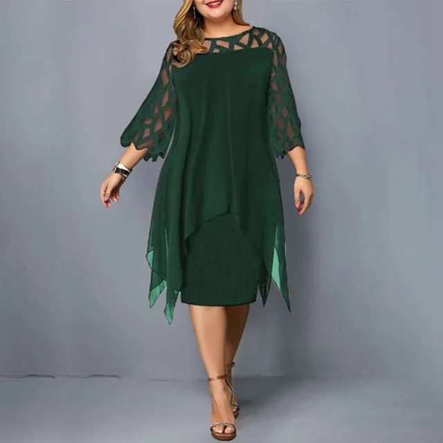 Elegant Chiffon Hollow Out Lace 3/4 Sleeve Plus Size Dress