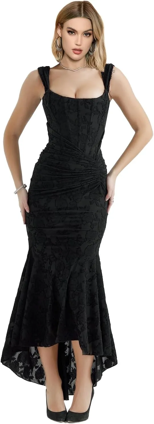Elegant Lace Bodycon Fishtail Dress Fishbone Dress Shoulder Strap Ruched Midi Dress for Women