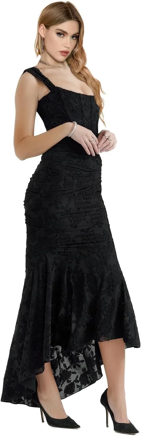 Elegant Lace Bodycon Fishtail Dress Fishbone Dress Shoulder Strap Ruched Midi Dress for Women
