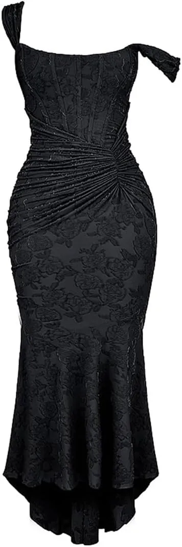 Elegant Lace Bodycon Fishtail Dress Fishbone Dress Shoulder Strap Ruched Midi Dress for Women