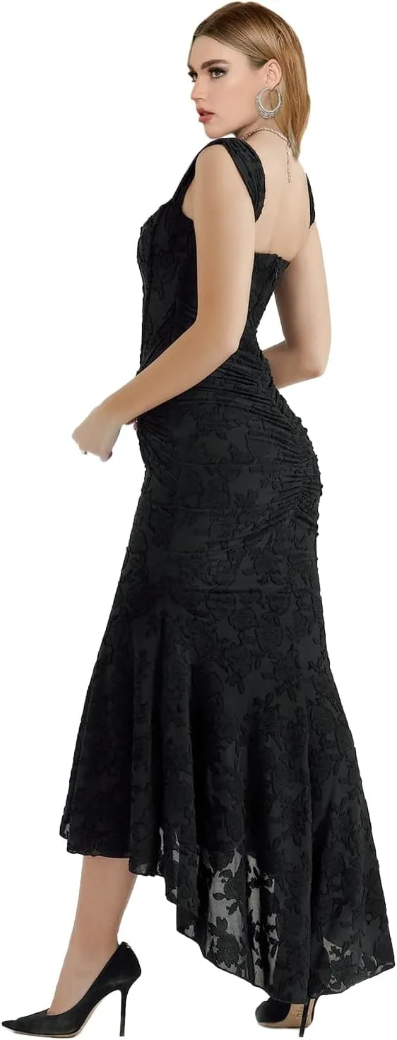 Elegant Lace Bodycon Fishtail Dress Fishbone Dress Shoulder Strap Ruched Midi Dress for Women