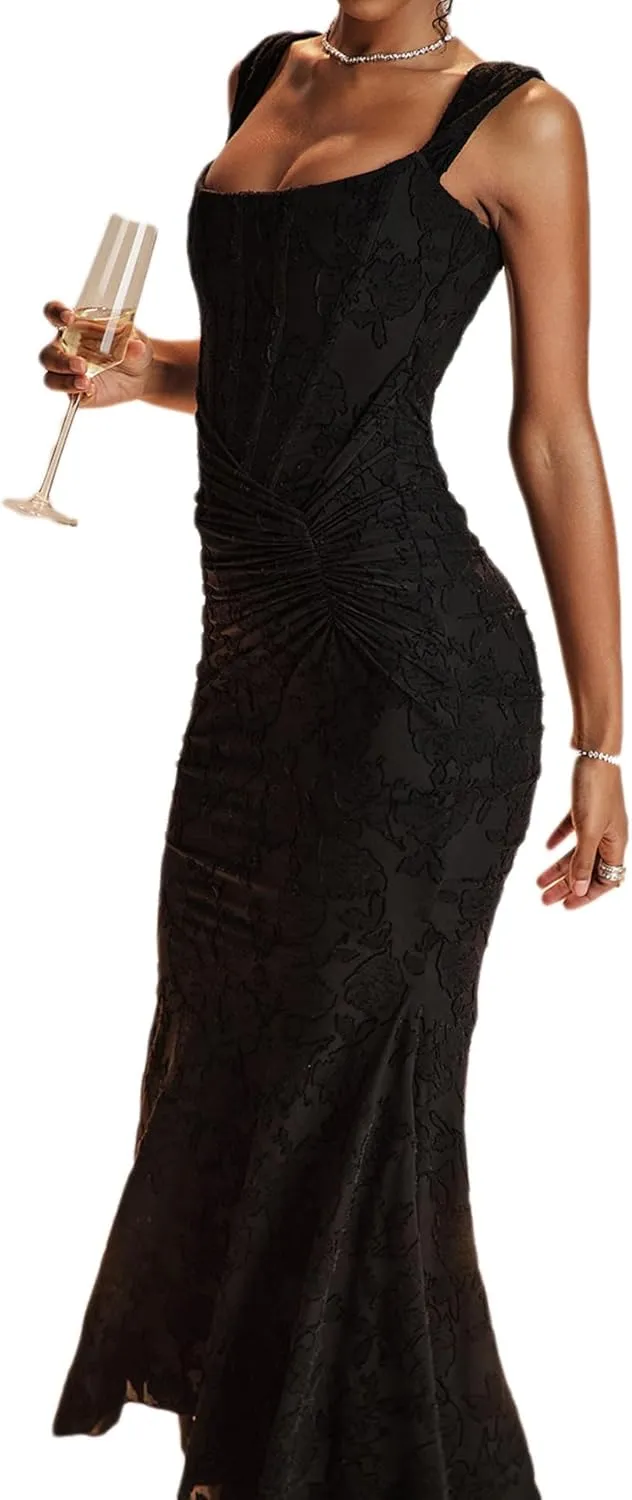 Elegant Lace Bodycon Fishtail Dress Fishbone Dress Shoulder Strap Ruched Midi Dress for Women