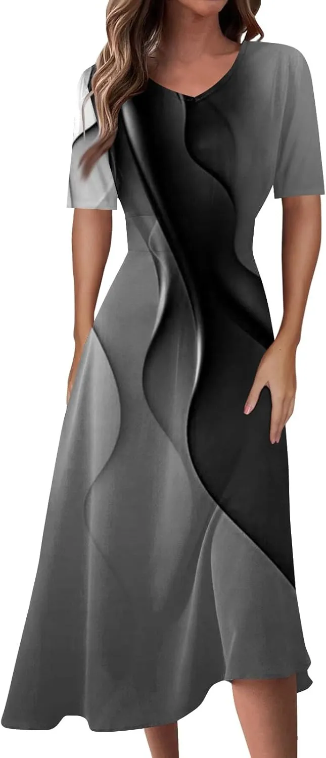 FlekmanArt Maxi Dress for Women Printing Short Sleeve Swing Dress Waist V Neck Maxi Dress A-Line Elegant Beach Dress