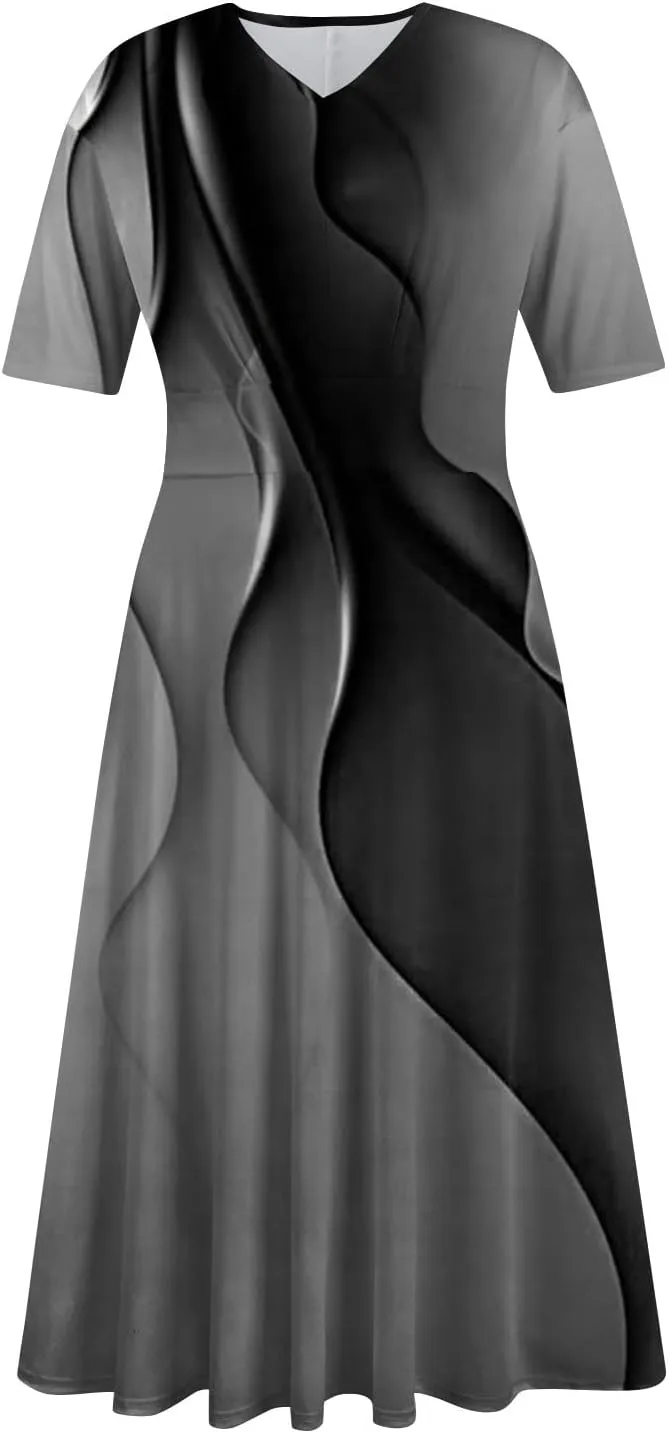 FlekmanArt Maxi Dress for Women Printing Short Sleeve Swing Dress Waist V Neck Maxi Dress A-Line Elegant Beach Dress