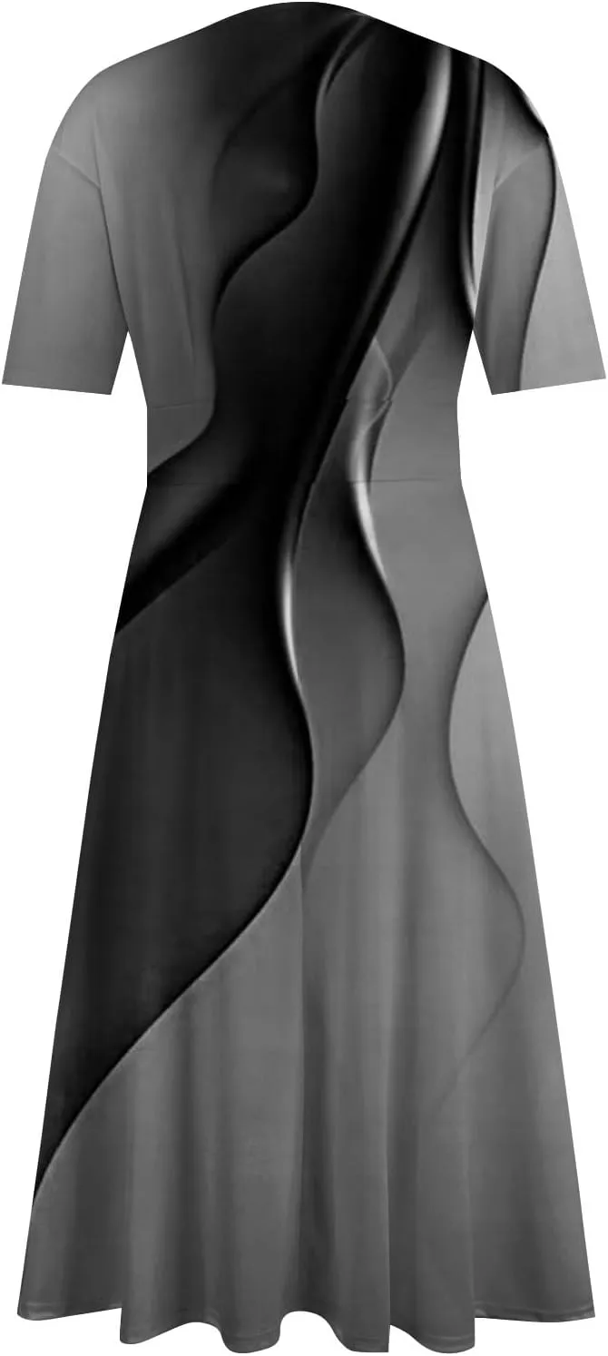 FlekmanArt Maxi Dress for Women Printing Short Sleeve Swing Dress Waist V Neck Maxi Dress A-Line Elegant Beach Dress