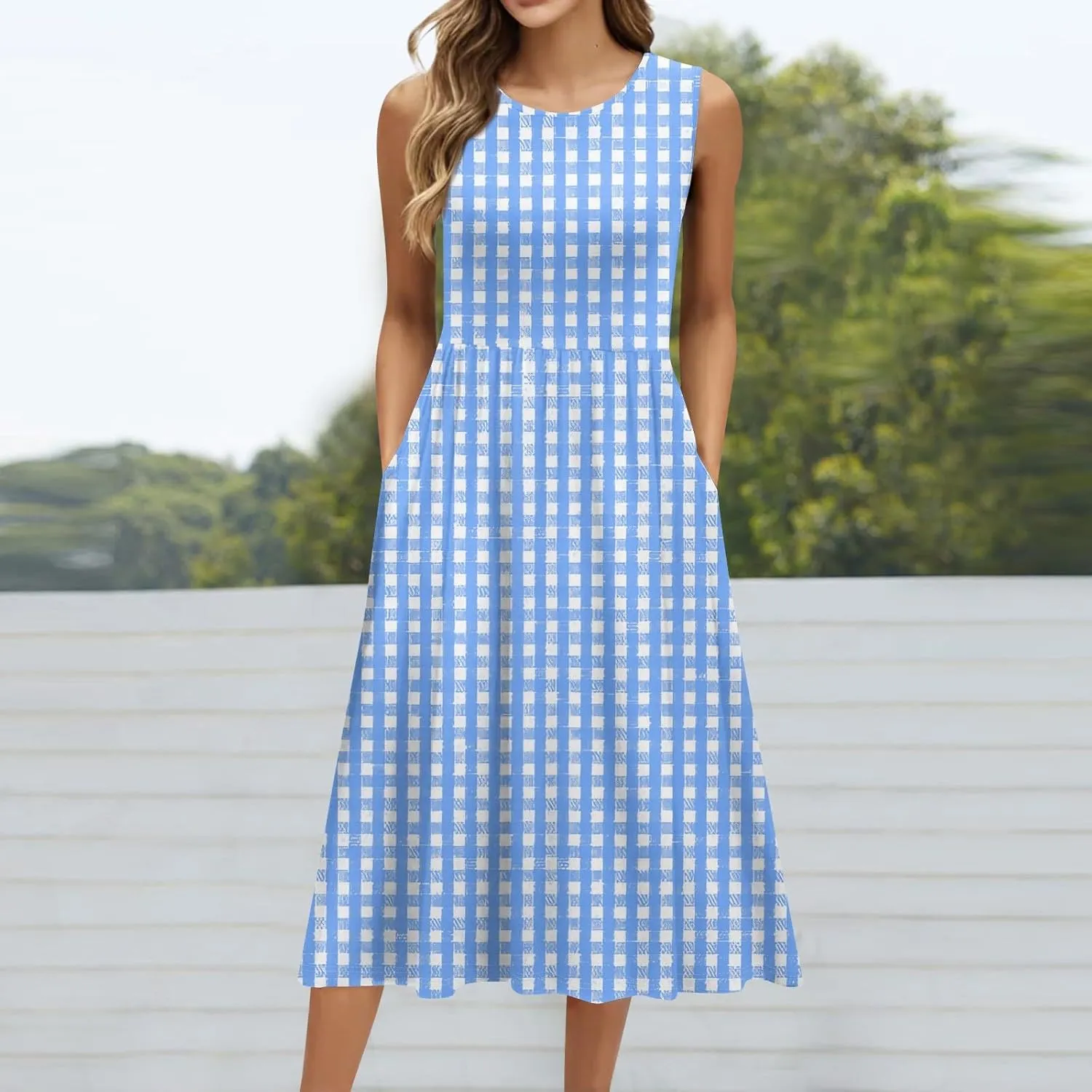 Floral Dress for Women 2025 Elegant Casual A Line Crew Neck Sleeveless Flowy Sundresses Elegant Lightweight Dress with Pocket