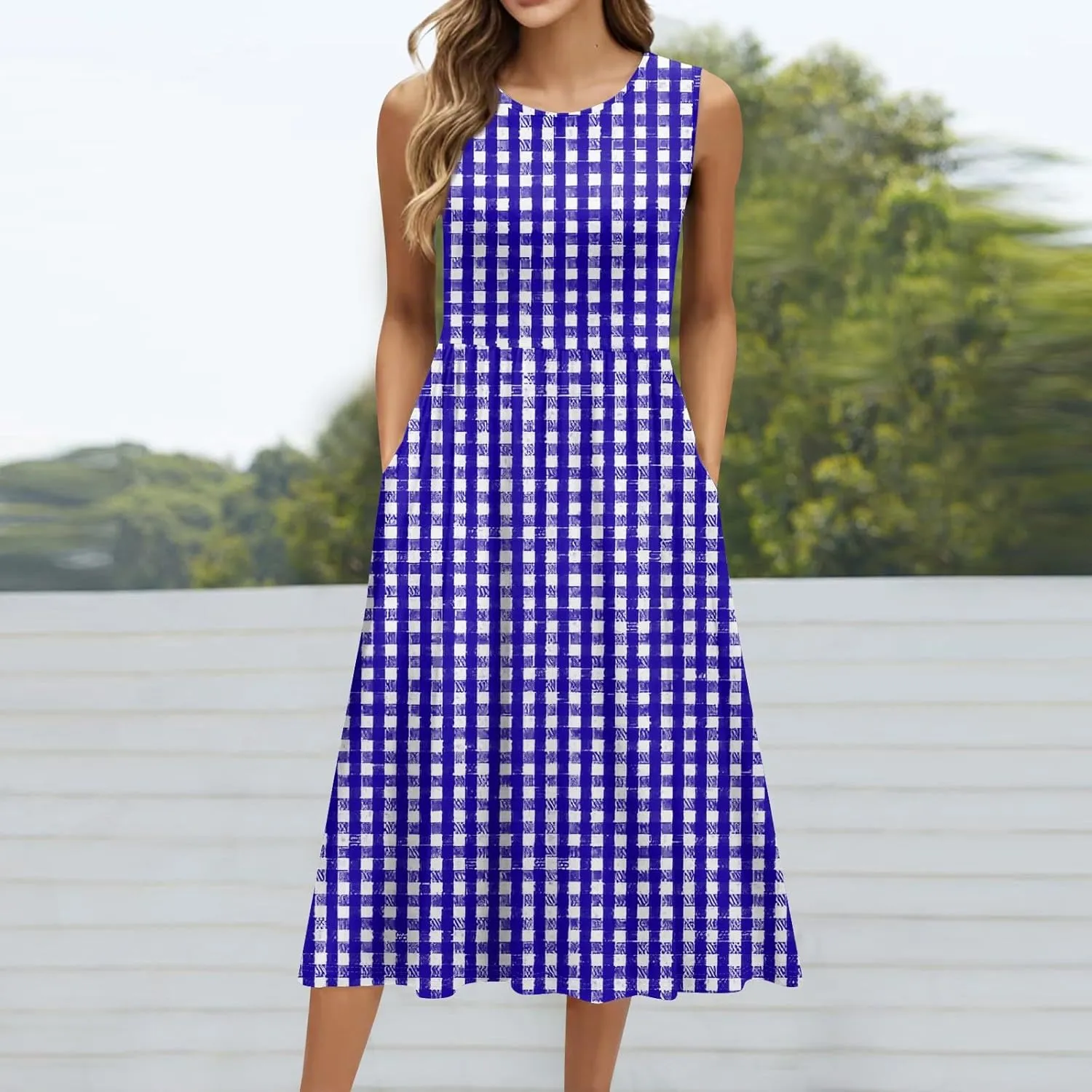 Floral Dress for Women 2025 Elegant Casual A Line Crew Neck Sleeveless Flowy Sundresses Elegant Lightweight Dress with Pocket