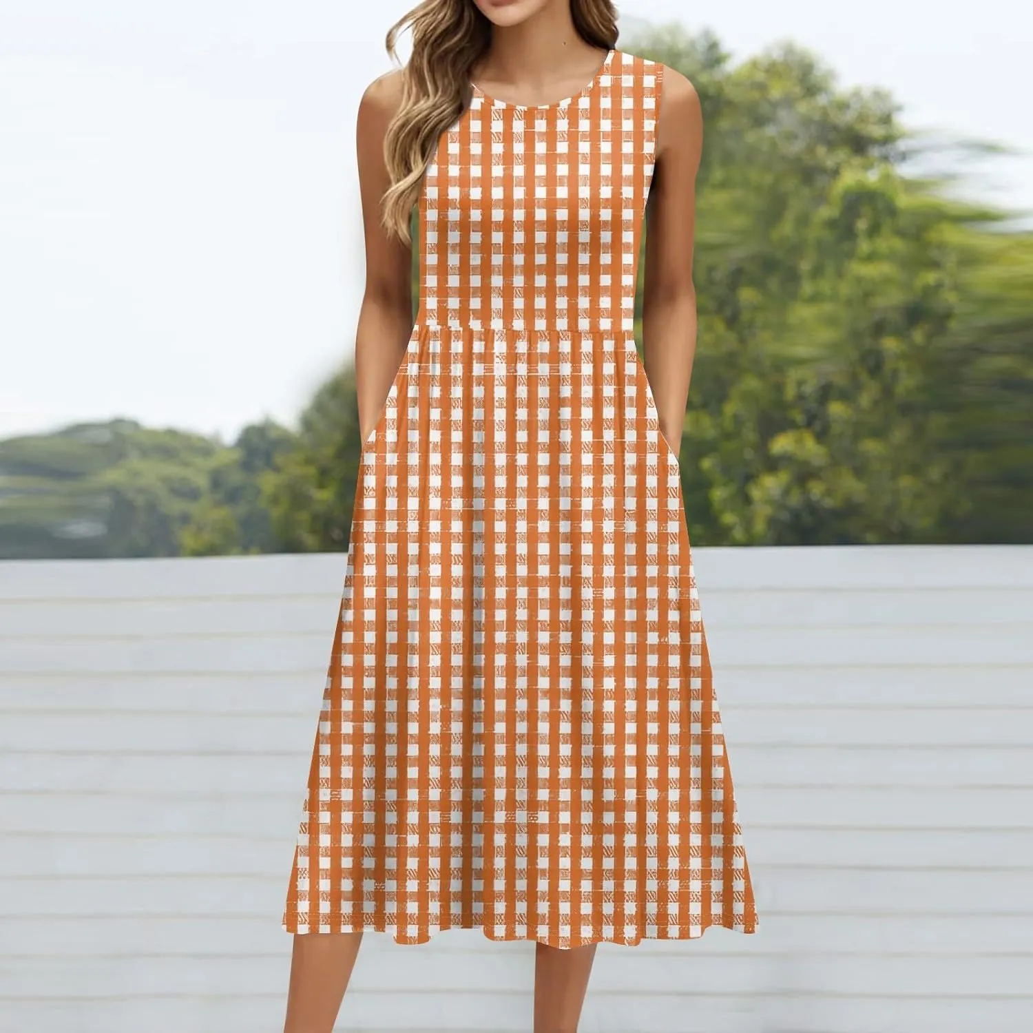 Floral Dress for Women 2025 Elegant Casual A Line Crew Neck Sleeveless Flowy Sundresses Elegant Lightweight Dress with Pocket