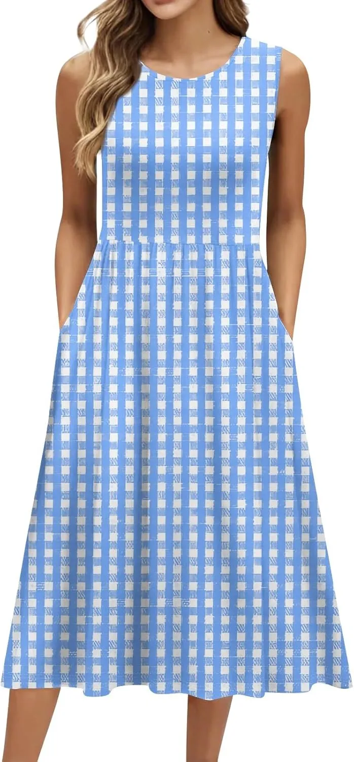 Floral Dress for Women 2025 Elegant Casual A Line Crew Neck Sleeveless Flowy Sundresses Elegant Lightweight Dress with Pocket