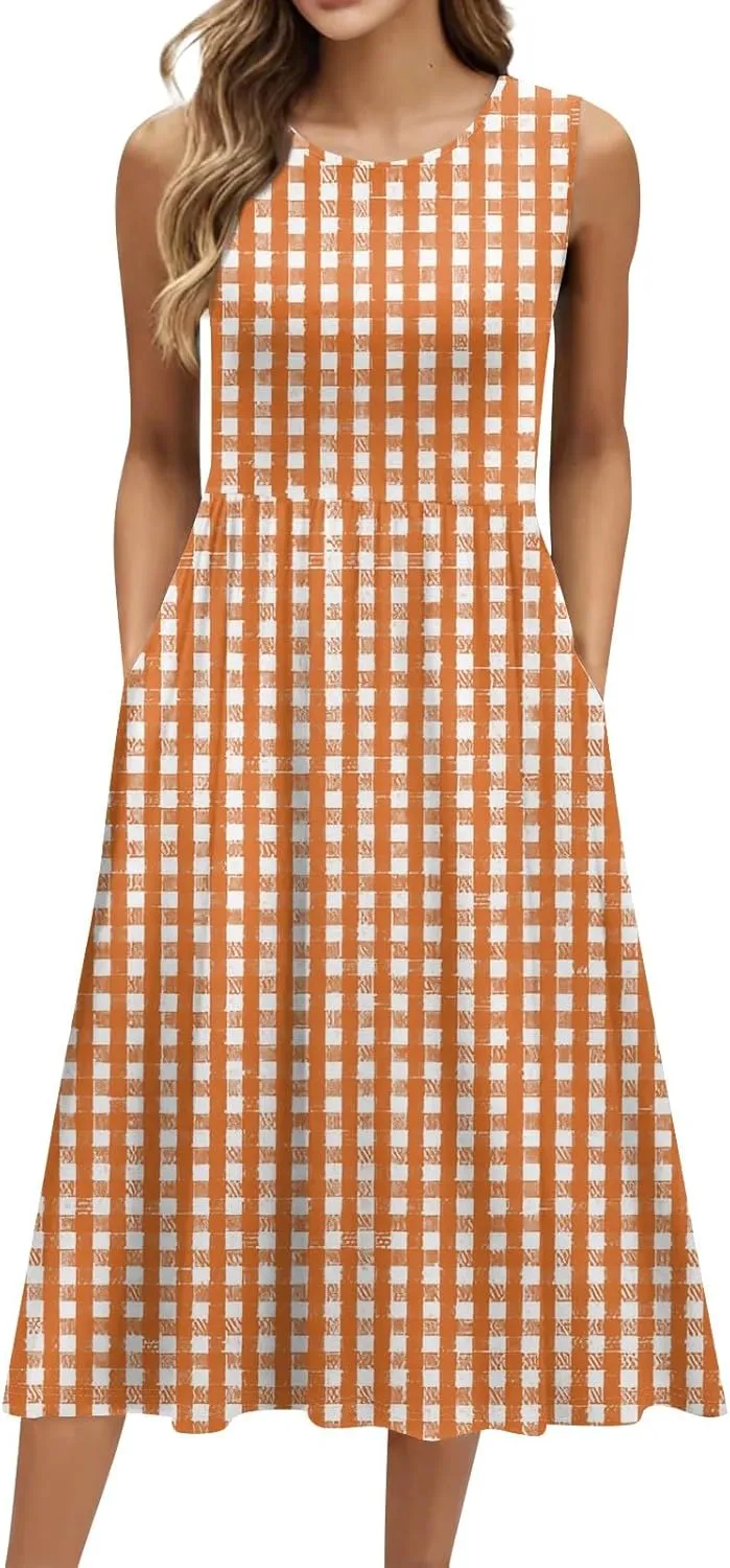 Floral Dress for Women 2025 Elegant Casual A Line Crew Neck Sleeveless Flowy Sundresses Elegant Lightweight Dress with Pocket