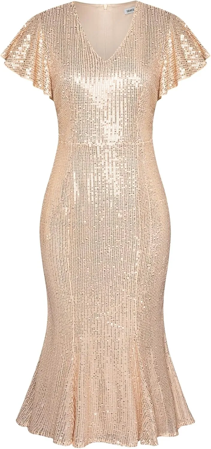 GRACE KARIN Womens Formal Sequin Dress Cap Sleeve Elegant Mermaid Dress Glitter Sparkly Cocktail Party Dress with Belt